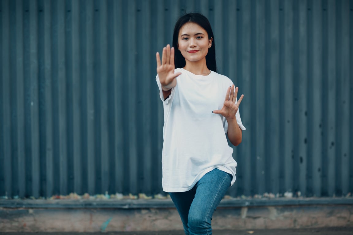 Asian Young Woman Doing Qigong Exercise Summer Outdoor